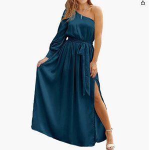 KIRUNDO Women's Satin Long Sleeve One Shoulder Maxi Dress Asymmetrical Belted
